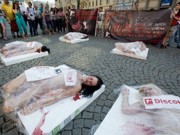 Ativistas protestam seminus contra consumo de carne em Praga