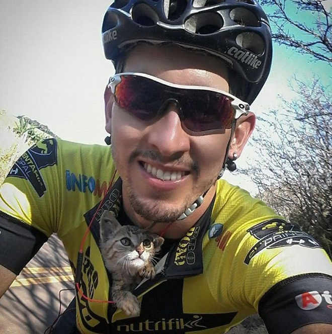 Ciclista brasileiro salva gatinho perdido e animal não para de lhe agradecer com beijos