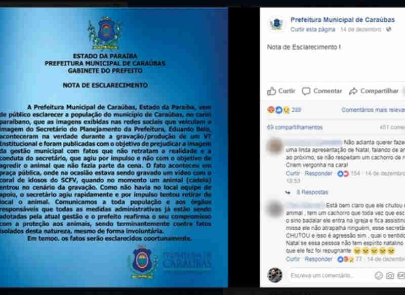Em nota, prefeitura de Caraúbas (PB) defende secretário que chutou cachorra