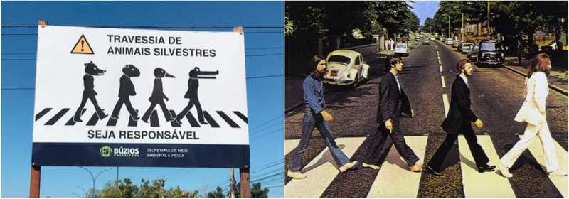 Foto clássica dos Beatles inspira placa que sinaliza presença de animais silvestres no RJ