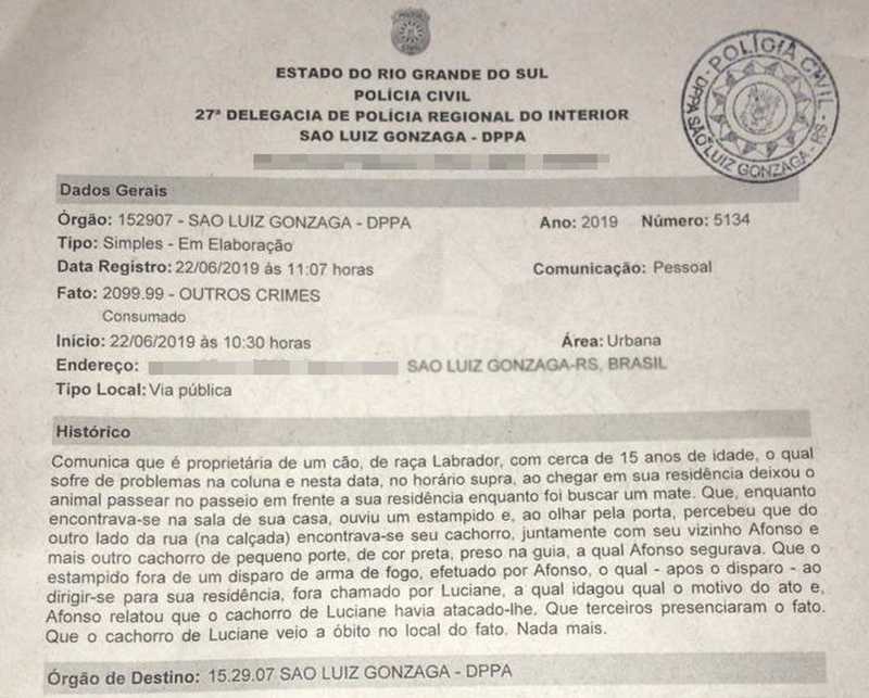Tutora do cachorro morto registrou ocorrência na delegacia de São Luiz Gonzaga — Foto: Arquivo Pessoal