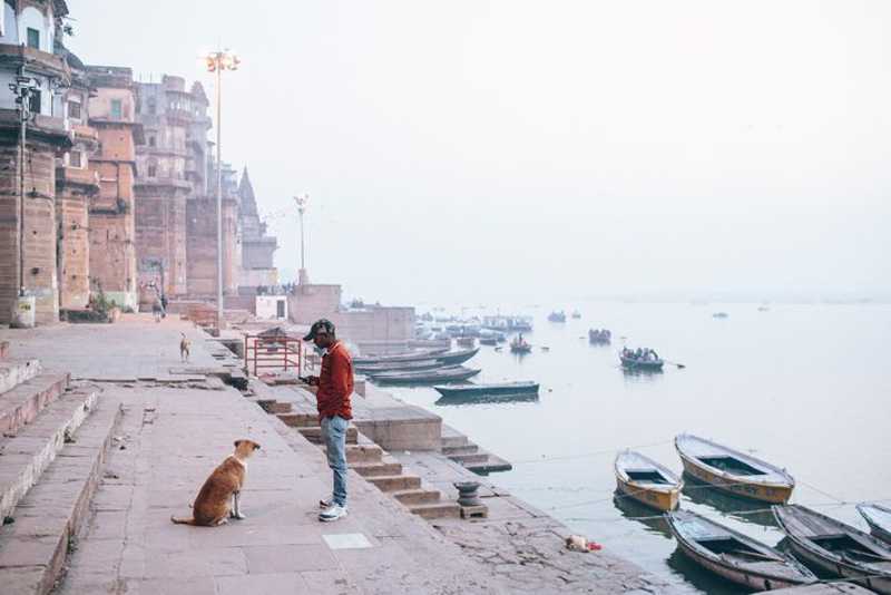 Um cão de rua senta-se próximo de um homem em Varanasi, cidade em Uttar Pradesh. Um estudo recente revelou que cães de rua conseguem entender gestos humanos sem nenhum treinamento. FOTO DE JOSHUA COGAN