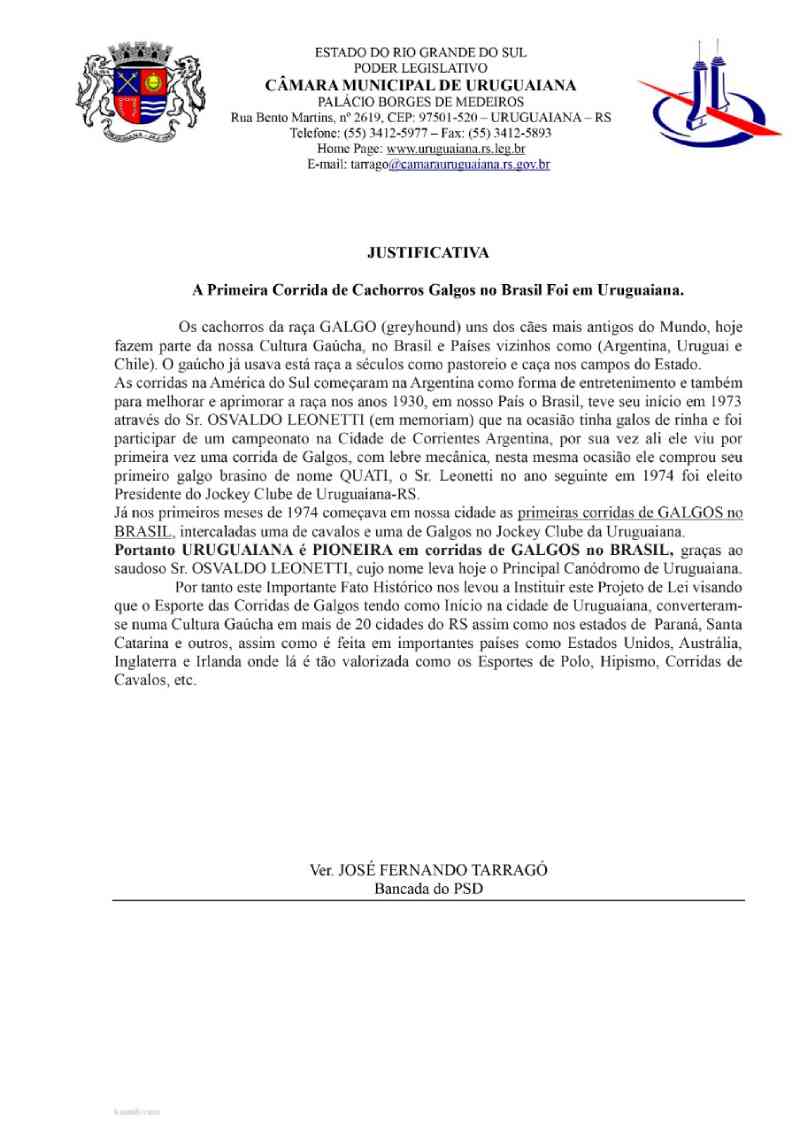 Justificativa do projeto de lei  em Uruguaiana.
