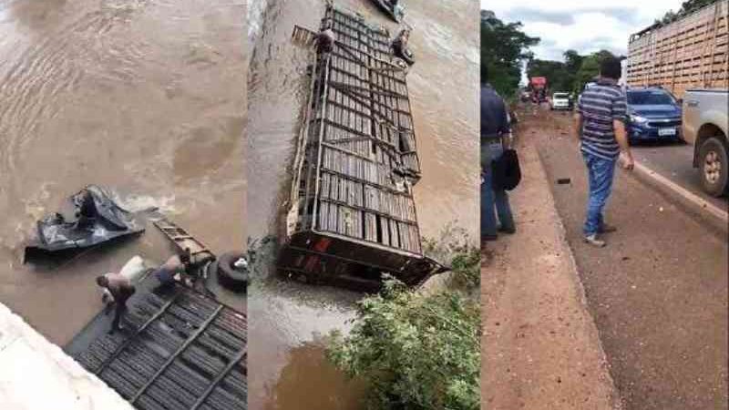 Caminhão boiadeiro cai de ponte e mais de 15 animais morrem afogados em MT