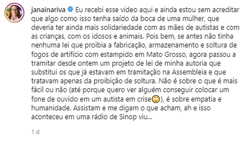 Janaina Riva fez post contra fala de locutora — Foto: Instagram/Reprodução