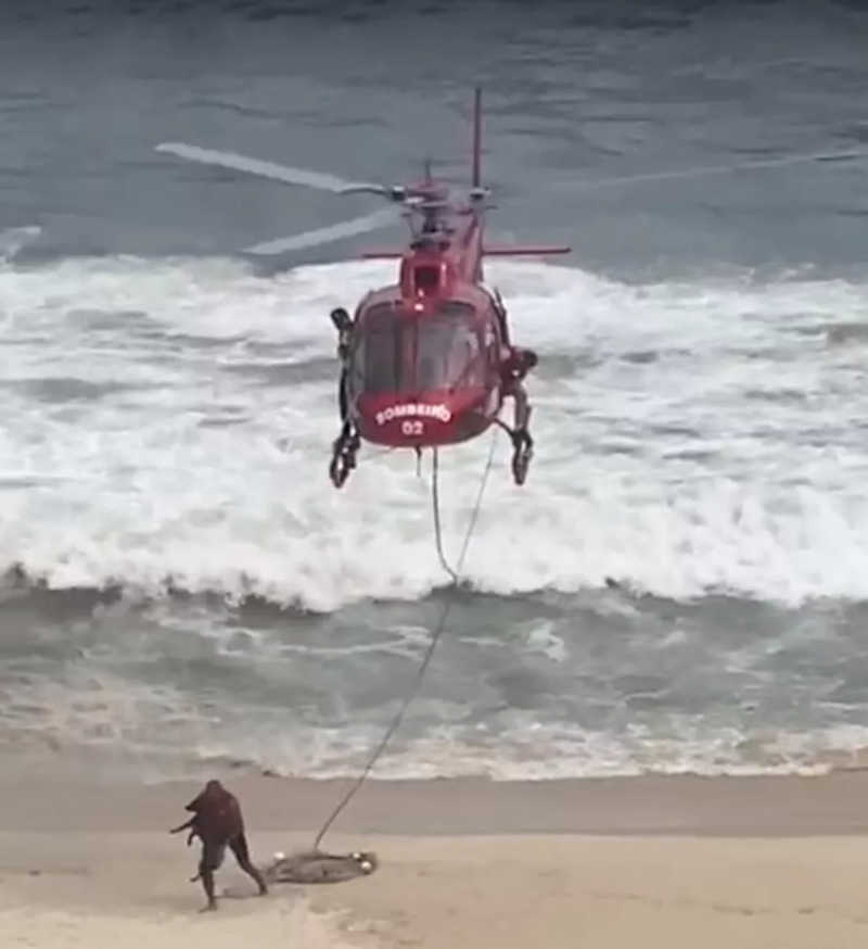 Imagens mostram bombeiros resgatando um dos cães que caíram no mar em São Conrado, no Rio