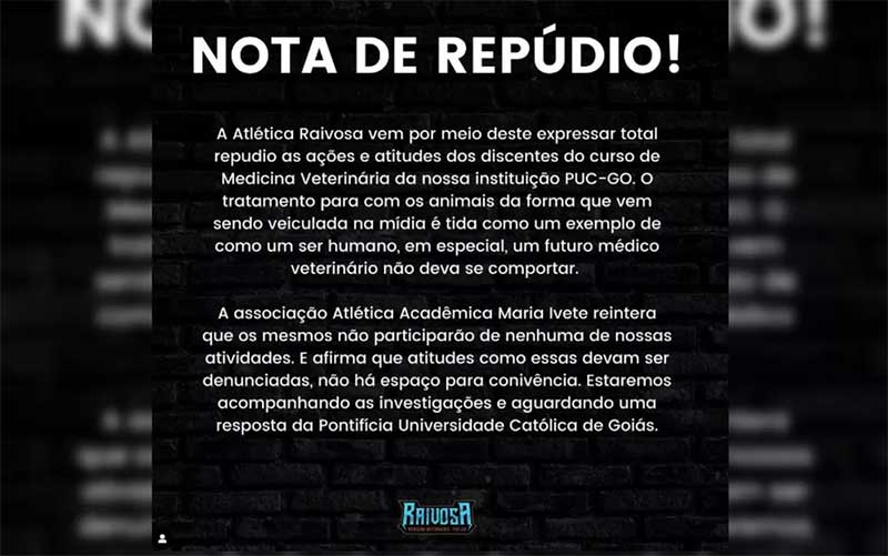 Associação atlética do curso de veterinária da PUC-GO emitiu nota de repúdio contra as atitudes de alunos em Goiânia, Goiás — Foto: Reprodução/Instagram