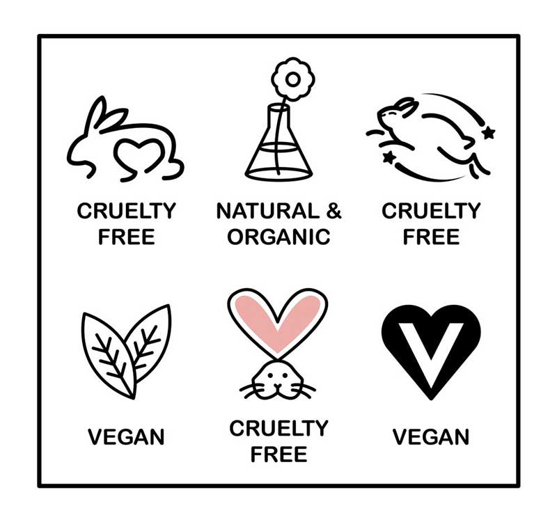 Selos que comprovam que as marcas não realizam testes em animais, ou que não tenham nenhum produto de origem animal em suas formulações. Fonte: Shutterstock 
