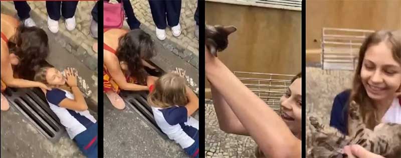 Vídeo de menina de BH salvando gatinho que caiu dentro de bueiro viraliza na internet