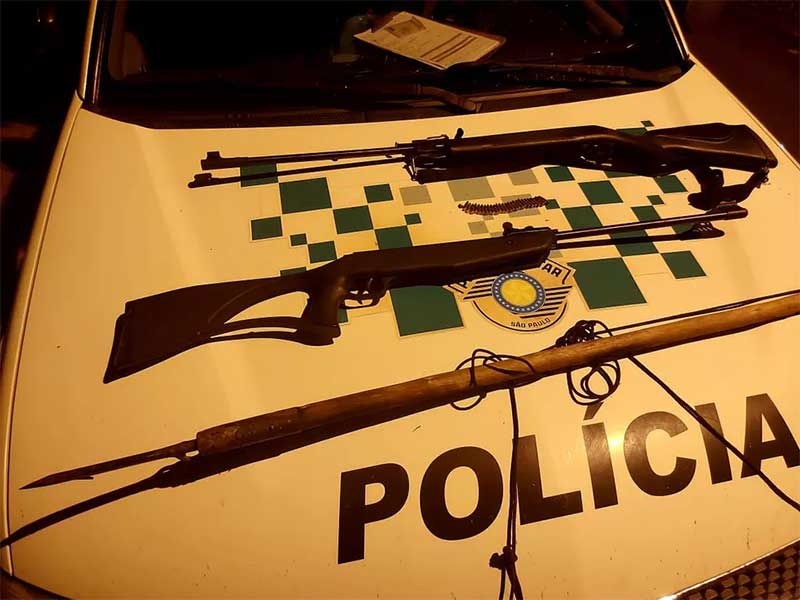 Armas, munições e fisga foram apreendidas pela corporação, em Sandovalina (SP) — Foto: Polícia Ambiental