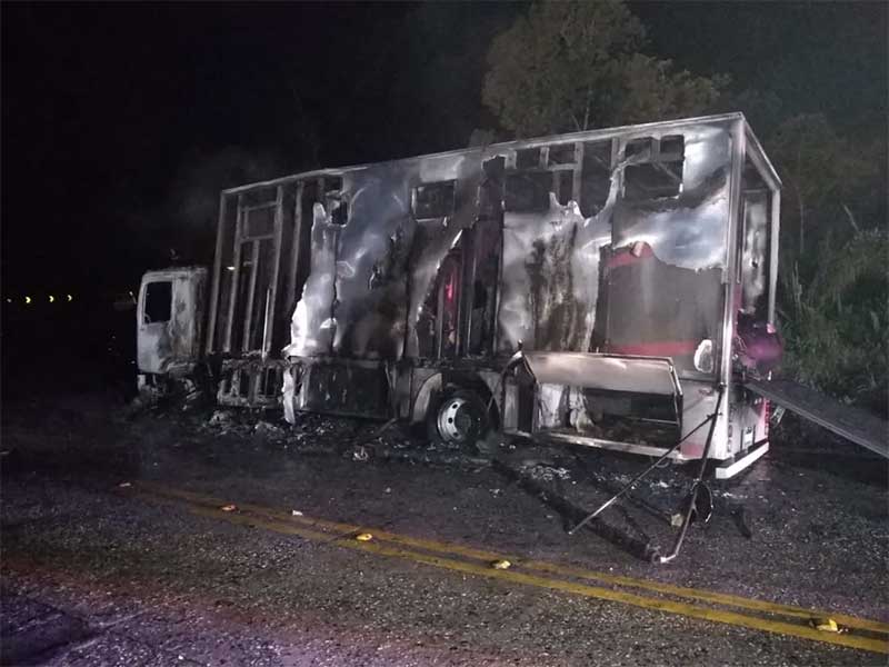 Caminhão fica destruído após incêndio em Joinville, que matou dois cavalos — Foto: PMRv/Divulgação