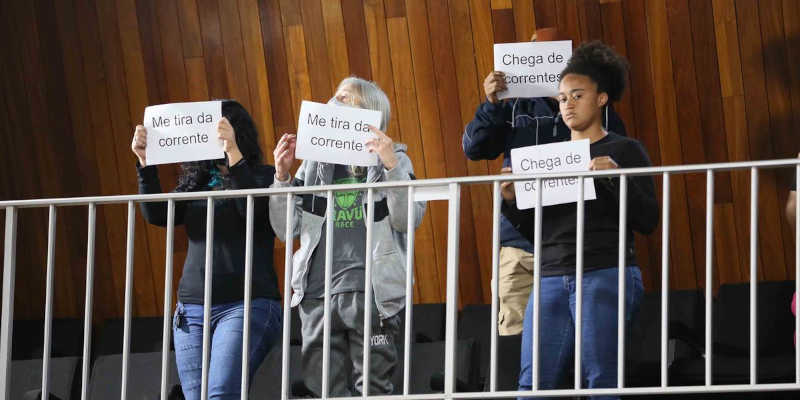 Populares acompanharam a sessão da Câmara com cartazes criticando o acorrentamento de animais (Divulgação - Câmara de Mogi)