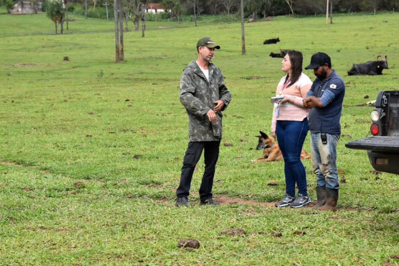 Repórter do g1, Ana Marin, ao lado de Alex Parente e Alan Silva na fazenda em Brotas — Foto: Fabio Rodrigues/g1