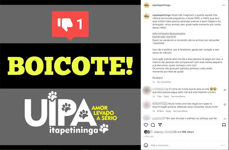 Tentativa de boicote faz Uipa de Itapetininga precisar interromper resgates. — Foto: Redes sociais