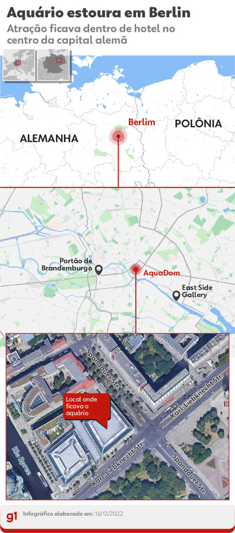 Mapa mostra região em que ficava aquário cujo vidro estourou no centro de Berlim, na Alemanha, em 16 de dezembro de 2022. — Foto: Arte/ g1