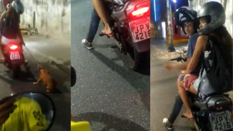 Na garupa de moto, mulher é flagrada arrastando cachorro amarrado por corda, em Salvador, BA; VÍDEO