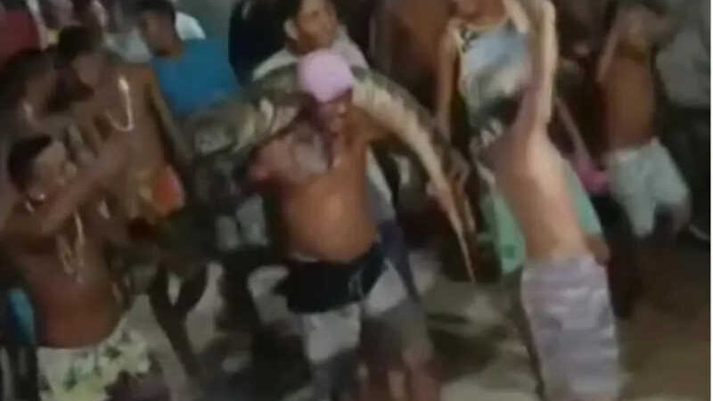 Homem com jacaré nas costas em Peixinhos, em Olinda — Foto: Reprodução/WhatsApp