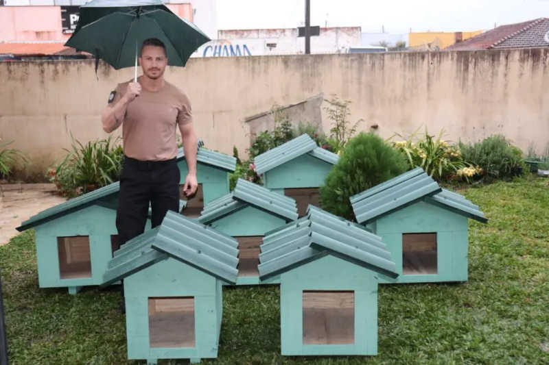 Protetor e investigador da Polícia Civil de Castro (PR) constrói casinhas para animais abandonados