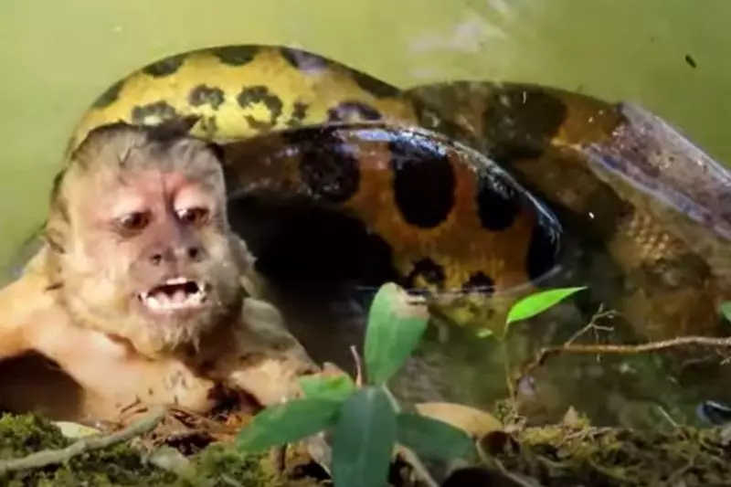 Vídeo mostra macaco salvo por turistas após “abraço” de sucuri