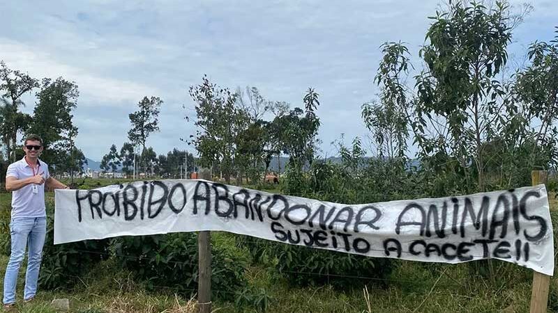 ‘Sujeito a cacete’: faixa ameaça quem abandonar animais em cidade da Grande Florianópolis